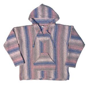 Baja Mexican Poncho Hoodie - Med Pink & Blue Pastel Pullover Drug Rug Surfer
